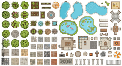 Collection of various garden and landscape design elements