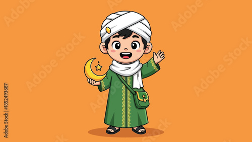 Happy Muslim Boy Cartoon in Turban Holding Crescent Moon and Lantern Illustration.