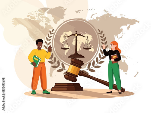 Two people holding a gavel and scales of justice, symbolizing law and fairness