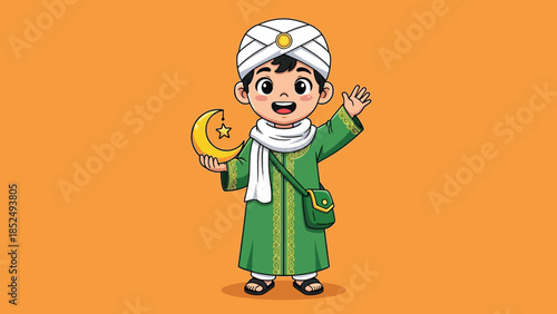 Smiling cartoon Muslim boy in green thobe and white turban holding crescent moon and star, waving hand.