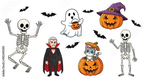 Halloween themed illustrations of skeletons, pumpkins, and bats