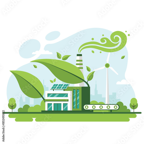 Green eco factory illustration with solar panels wind turbine and clean production concept showing sustainable industry renewable energy and low carbon future
