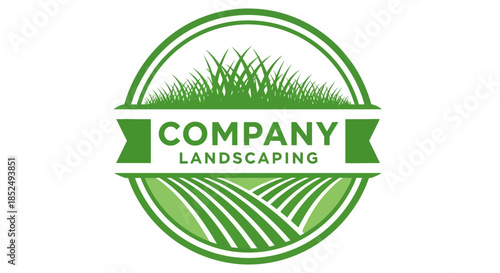 Green landscaping company logo with grass and banner