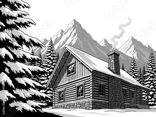 A cozy log cabin nestled in the snow with a chimney emitting smoke, surrounded by pine trees and mountains