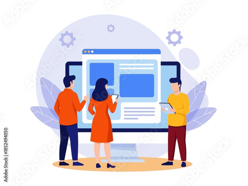 Team of three people collaborating on a project with a large computer screen