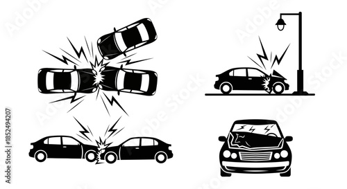 Four black and white car crash illustrations