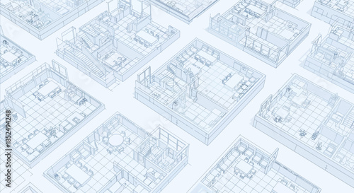 Blueprints of multiple buildings with detailed floor plans and grids