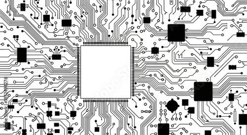 Black and white circuit board design with microchip