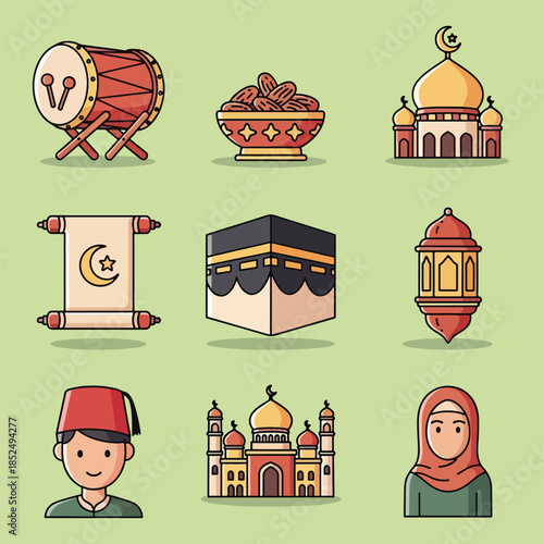 Vibrant Cartoon Islamic and Ramadan Icons Set - Mosque, Kaaba, Dates, Drum, Lantern, Muslim People.