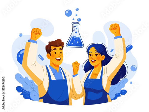 Happy scientists in lab coats celebrating with raised arms and a flask of liquid