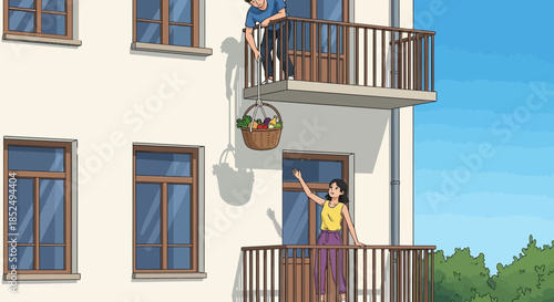 Two people on balconies of a building with blue sky and trees in background
