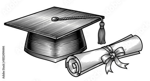 A black and white illustration of a graduation cap and diploma