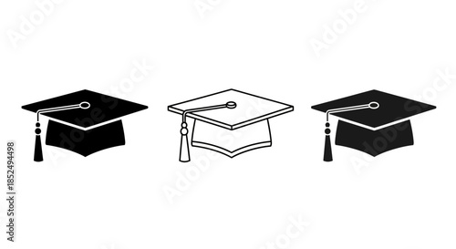 Three graduation cap icons in black and white