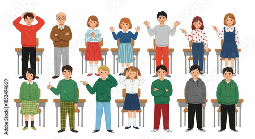 A group of diverse children sitting and standing on school desks