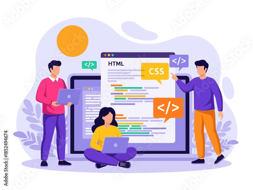 Team of developers working on coding project with laptop and computer screen showing code