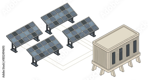 Solar panel system connected to a beige building with four panels