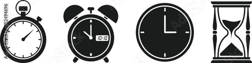 Set of black time and measurement icons including stopwatch alarm clock wall clock and hourglass for scheduling and productivity management