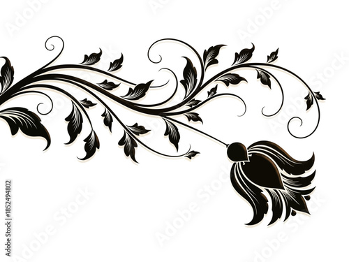 Elegant black and white floral design with intricate swirls and leaves