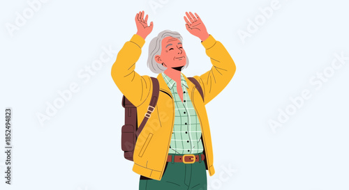 Elderly man with yellow jacket and backpack on light blue background