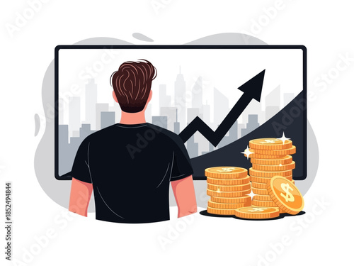 Businessman analyzing financial growth chart with rising arrow and gold coins on table