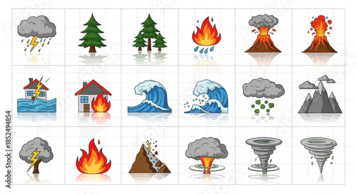 Collection of various natural disaster icons in a grid layout