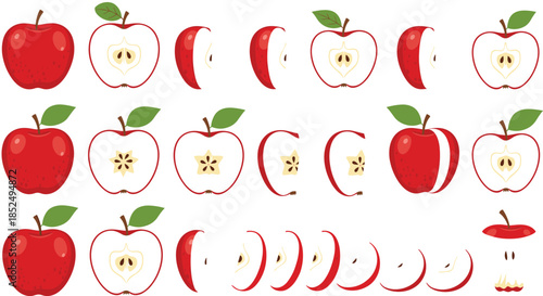 Large collection of red apple vector icons showing whole fruit half sections quarters and thin slices for healthy cooking nutrition and recipe designs.