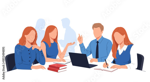 Group of people working together at a table with laptop