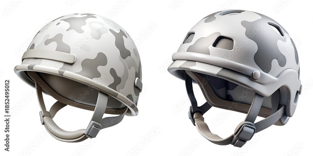 Fototapeta premium Two modern white and gray camouflage 3D military helmet icons, on a transparent background, featuring a tactical matte finish for defense security, historical education, and soldier protective gear