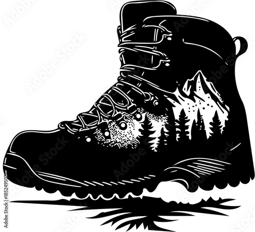 Vector illustration of a sturdy hiking boot with an integrated mountain and forest landscape design, symbolizing outdoor adventure, exploration, and nature's call