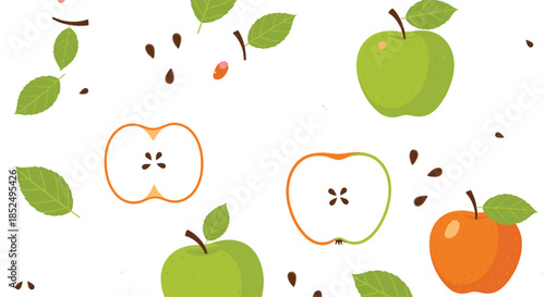Flat Design Vector Set of Green and Orange Apple Graphics, Featuring Whole Fruit, Slices, Seeds, and Leaves for Healthy Food Branding.