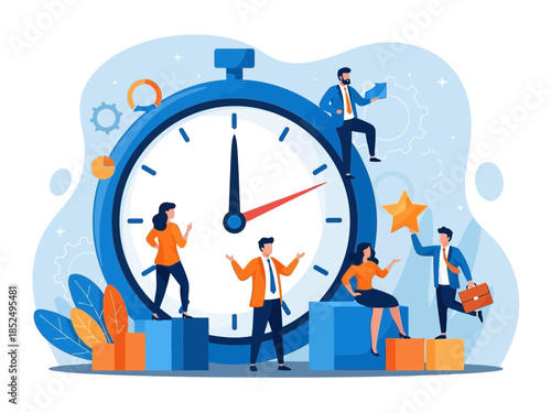 Business people working with clock and time management concept illustration