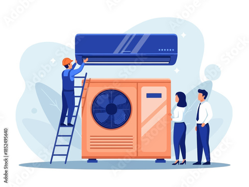 Two technicians installing an air conditioning unit on the wall