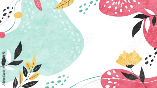 植物のナチュラルポップな背景 花や葉を散りばめたカラフル水彩イラスト