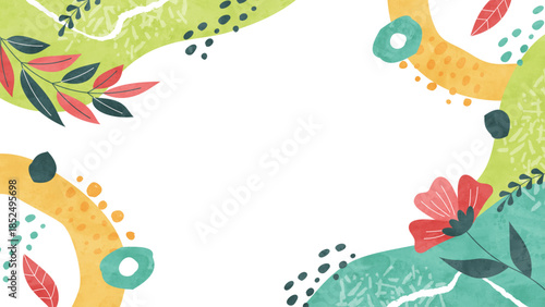 植物のナチュラルポップな背景 花や葉を散りばめたカラフル水彩イラスト