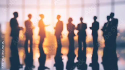 Wallpaper Mural Silhouetted business figures standing in a bright office by a large window. Soft focus suggests discussion and networking. Golden light shines Torontodigital.ca