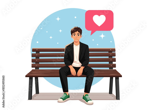 Young man sitting on a bench with a heart icon above his head