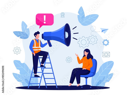 Illustration of a man on a ladder using a megaphone to communicate with a woman sitting on a chair