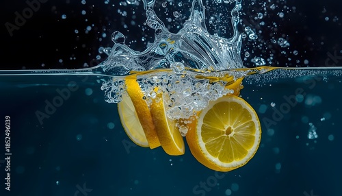 Explosive Citrus Impact: Lemon Slices Splashing into Crystal-Clear Water