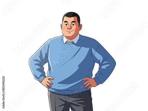 Portrait of a man in a blue sweater standing with hands on hips