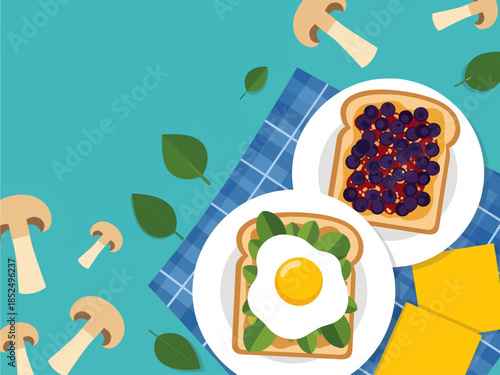 A cheerful flat-lay vector illustration displays two slices of toast—one with a fried egg and spinach, the other with blueberries—arranged on a blue plaid cloth amidst scattered mushrooms