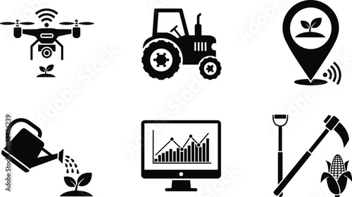 Black and White Vector Icon Set of Smart Farming Technology Including an Agricultural Drone Tractor Watering Can and Data