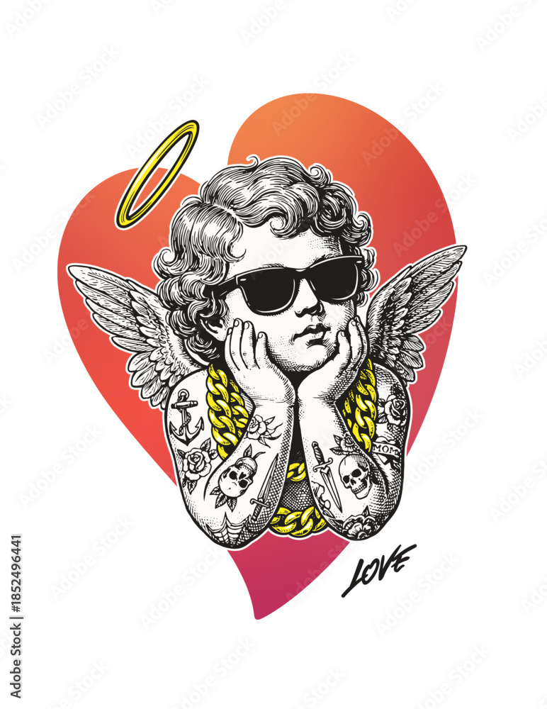 Obraz premium Tattooed Cupid In Gradient Heart Shape