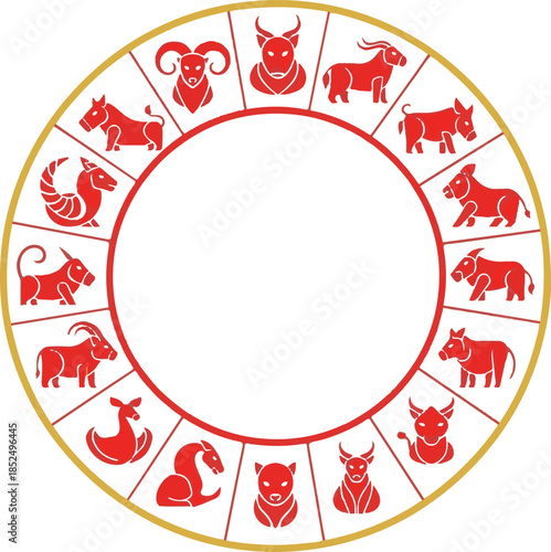 Chinese Zodiac Animals Circle Frame with Twelve Lunar Calendar Signs