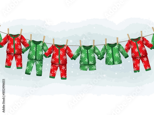 Colorful childrens pajamas hanging on a clothesline against a snowy background
