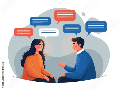 Two people having a conversation with speech bubbles around them