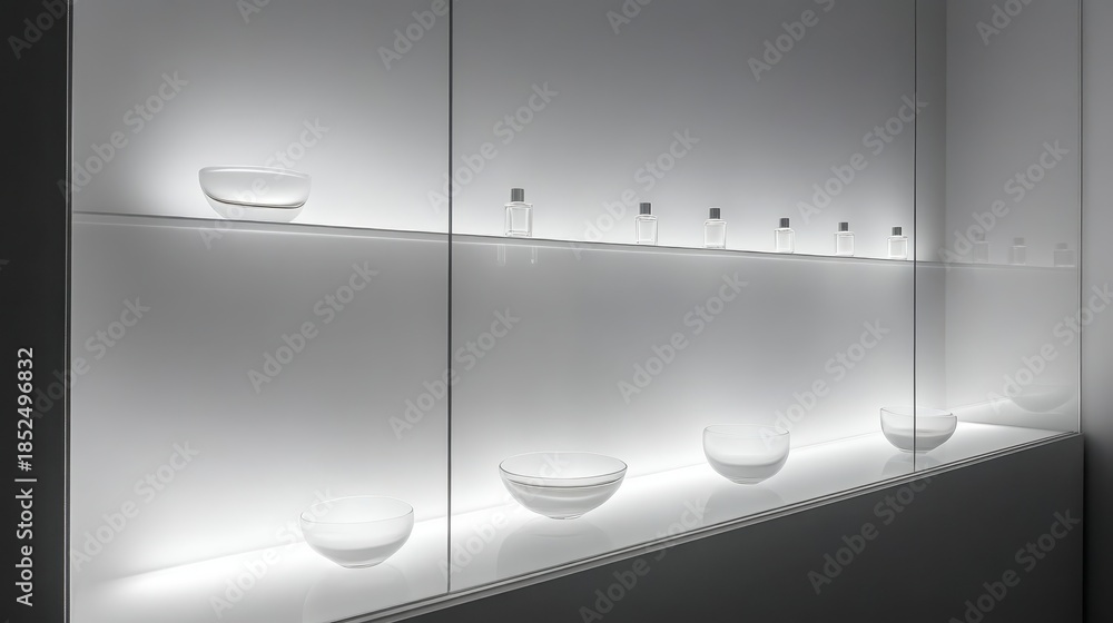 Obraz premium Minimalist Perfume Display on Frosted Glass Shelves with Elegant Style