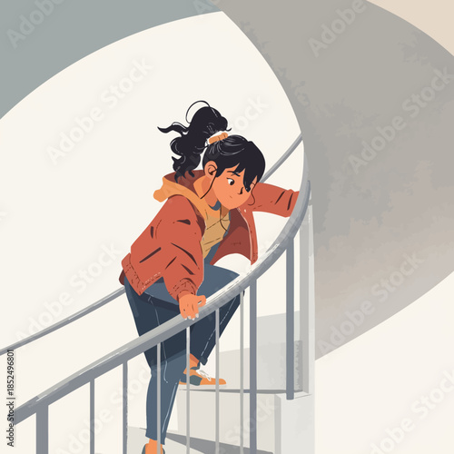 Man climbing ladder outdoors near building with people walking nearby