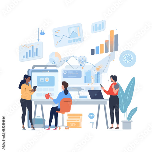 Business people icons showing professionals using laptops and tablets to communicate and work online