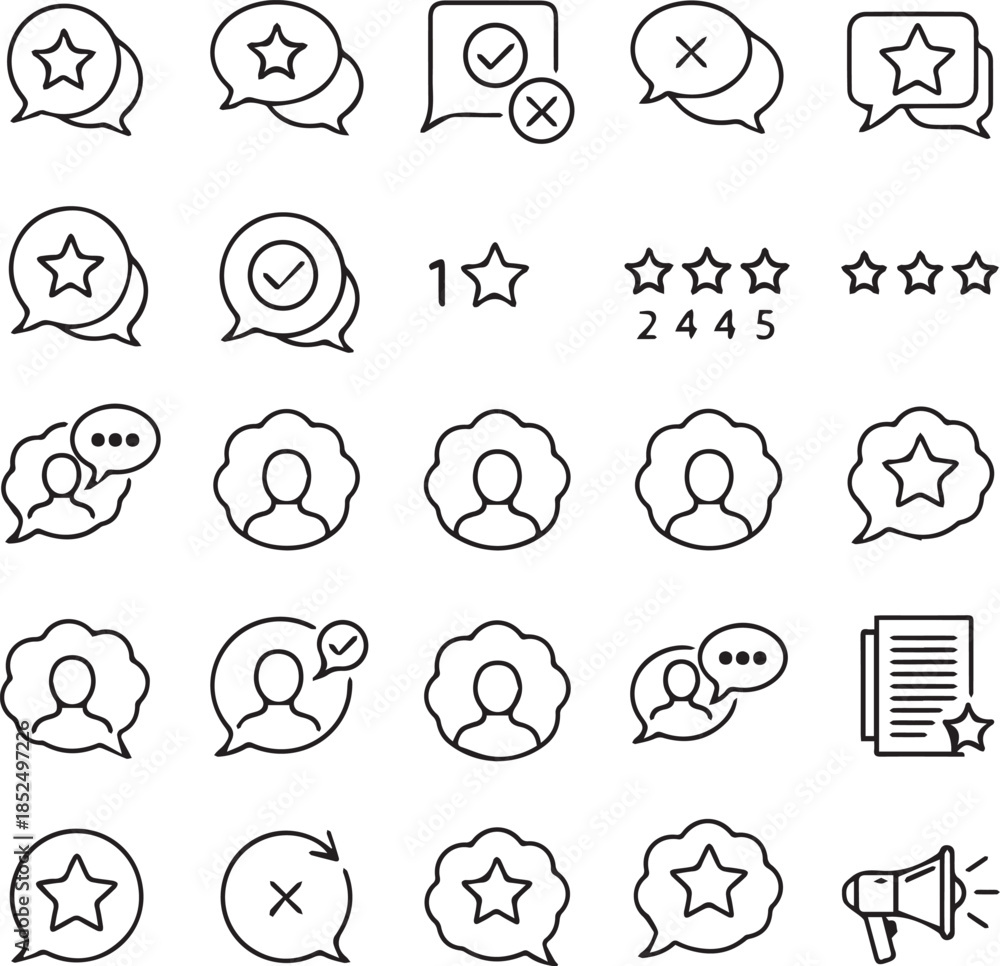Obraz premium Client Feedback Testimonial Icons Black White Line Vector Set