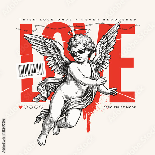 Grunge Typographic Design With Vintage Cupid